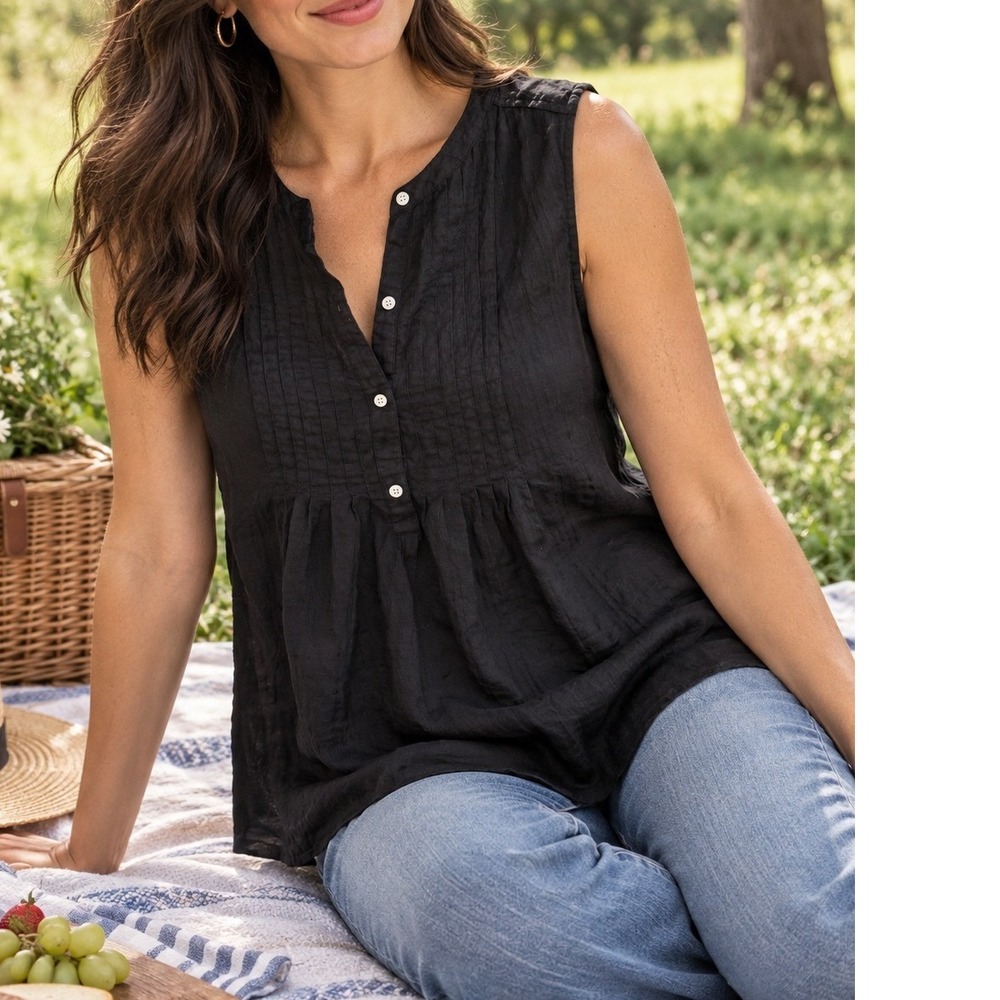 Gap Pintuck Sleeveless Top Womens Large Black Excellent Cotton Babydoll Blouse